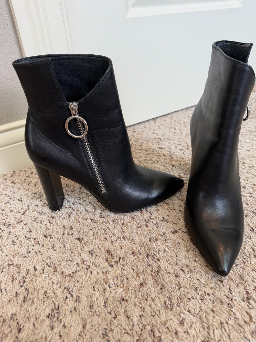 PAIGE Black Leather Pointed Ankle Booties with Ring Zip